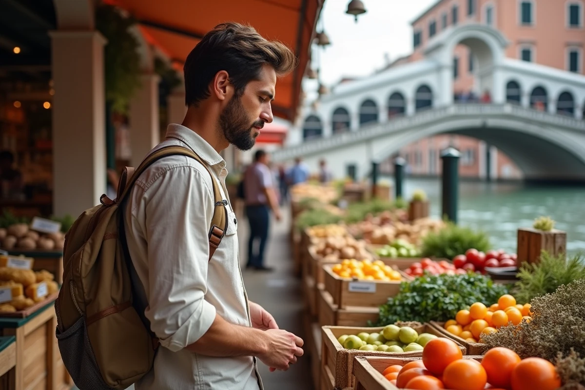 Homme faisant ses courses au marché du Rialto à Venise, marché local pas cher pour voyageur petit budget