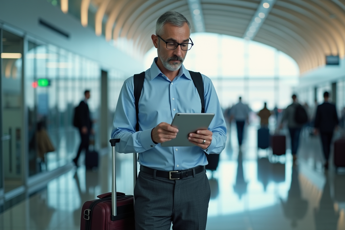 Homme organisant ses documents dans un aéroport animé
