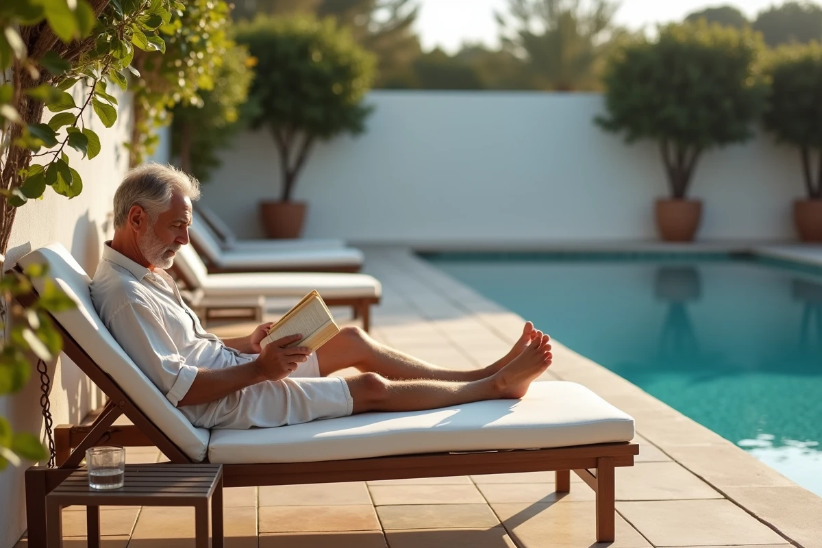 Homme se relaxant au bord d'une piscine d'hôtel vide en vacances d'octobre hors saison