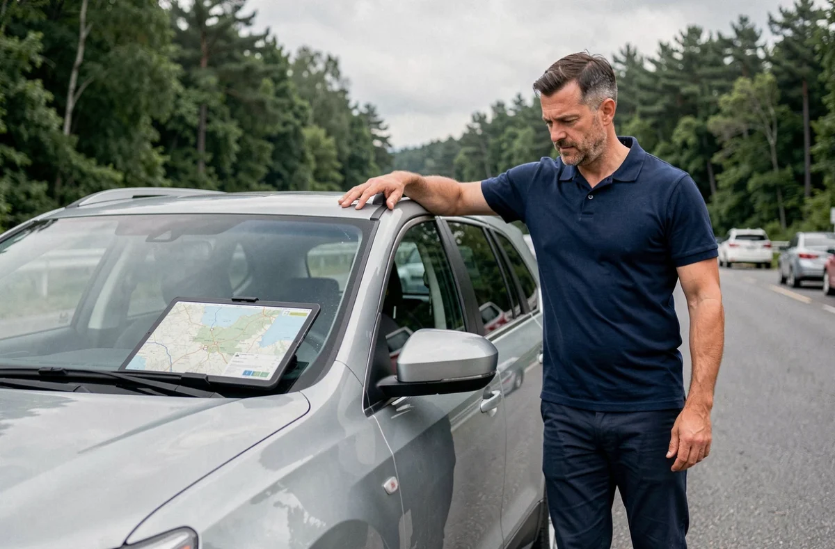 Homme planifiant son itinéraire routier sur une tablette avec Mappy lors d'une pause sur l'autoroute