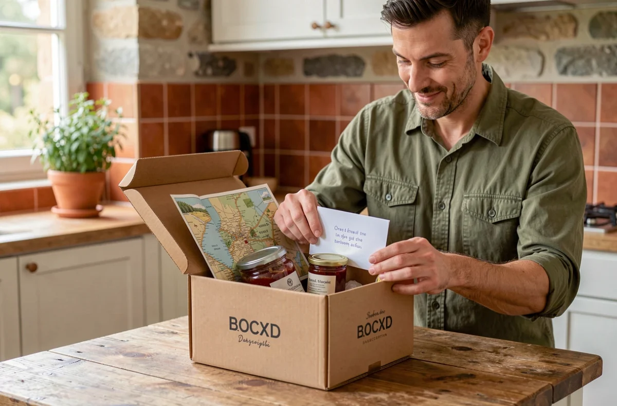 Homme rangeant des souvenirs de voyage et produits locaux dans une box abonnement sur une table de cuisine rustique