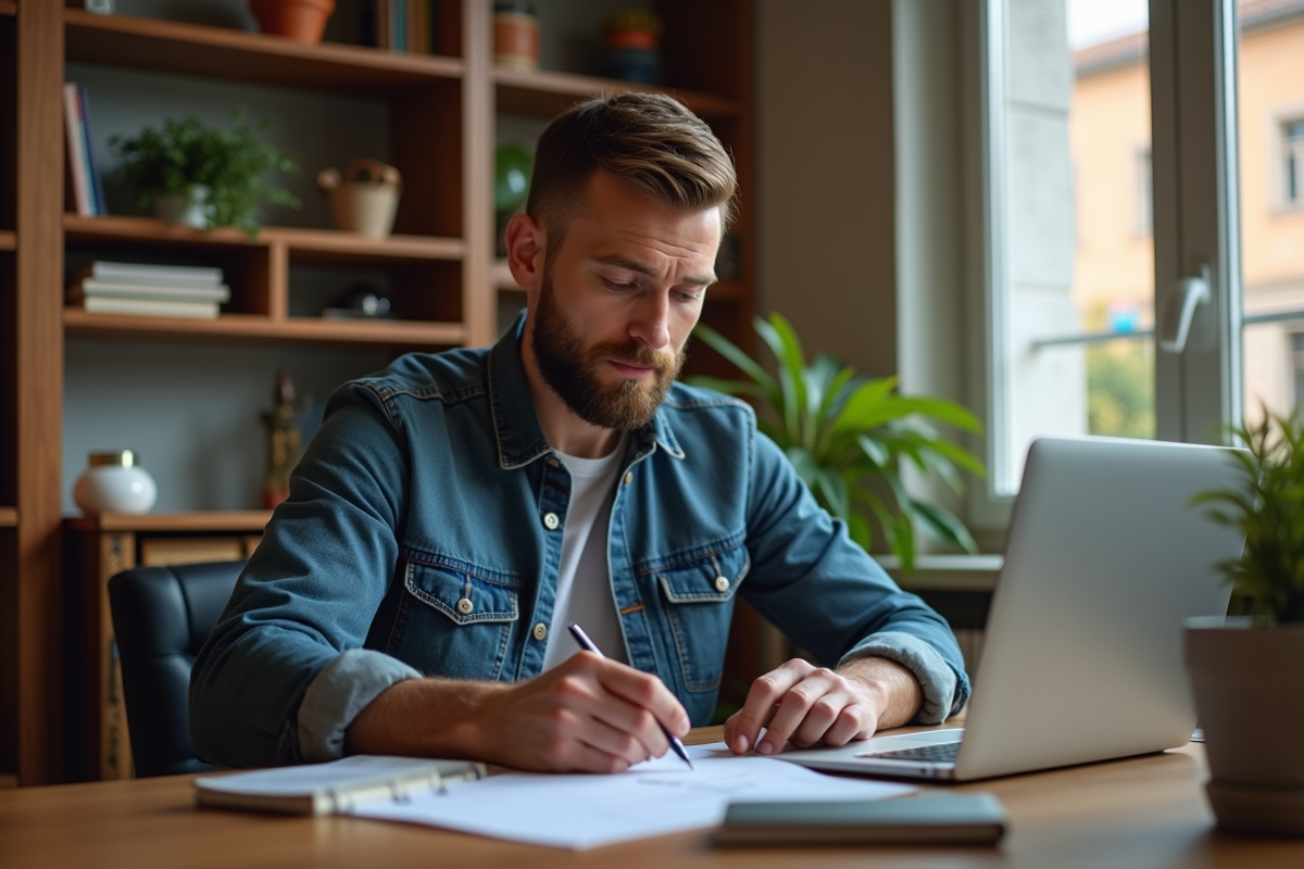 Homme belge organisant ses documents de voyage à la maison