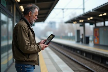 Homme d'âge moyen vérifiant un tableau digital à la gare