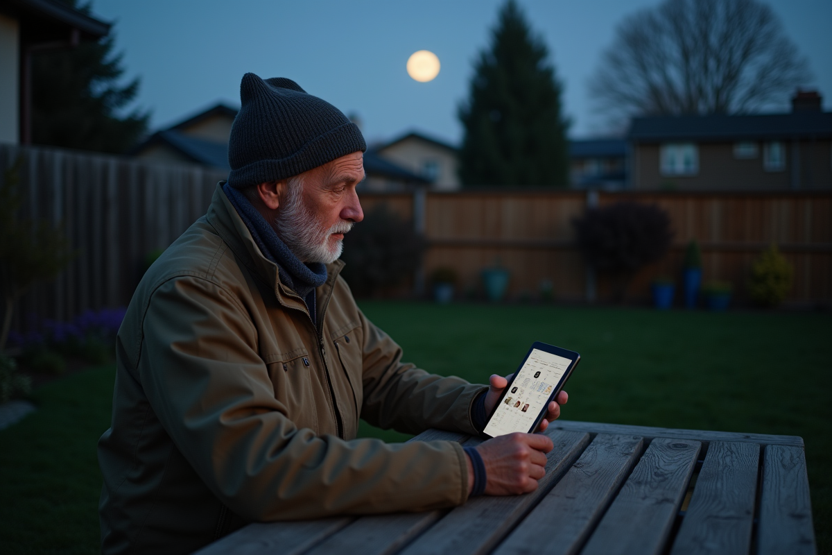 Homme âgé consultant un calendrier lunaire au coucher du soleil