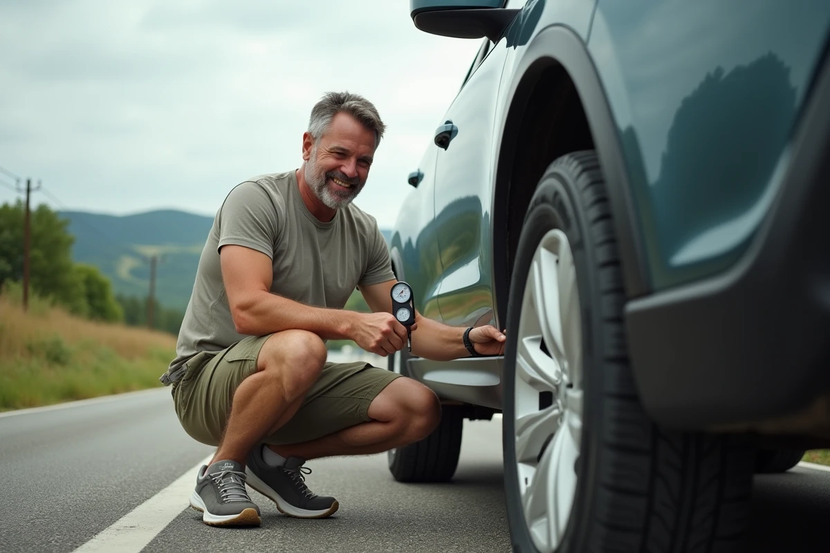 Homme vérifiant la pression de son pneu sur la route