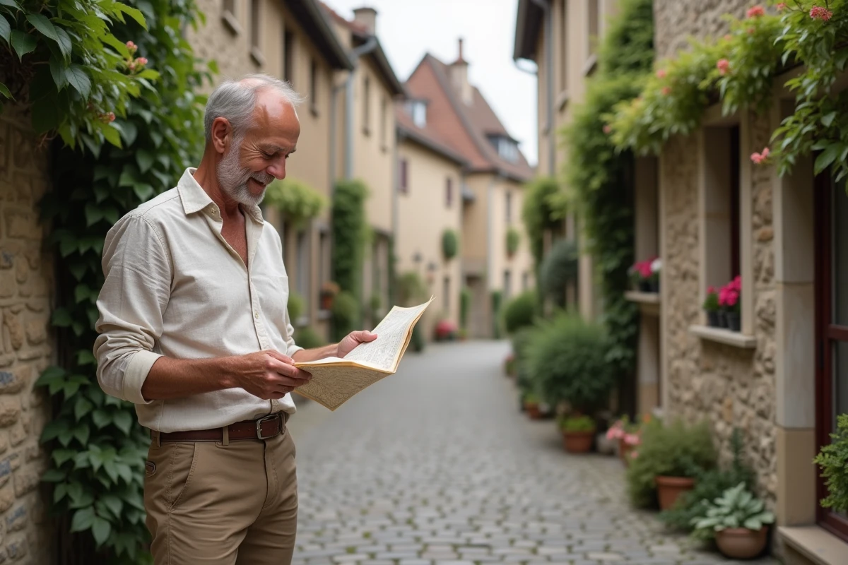 Homme explorant un village français calme et pittoresque