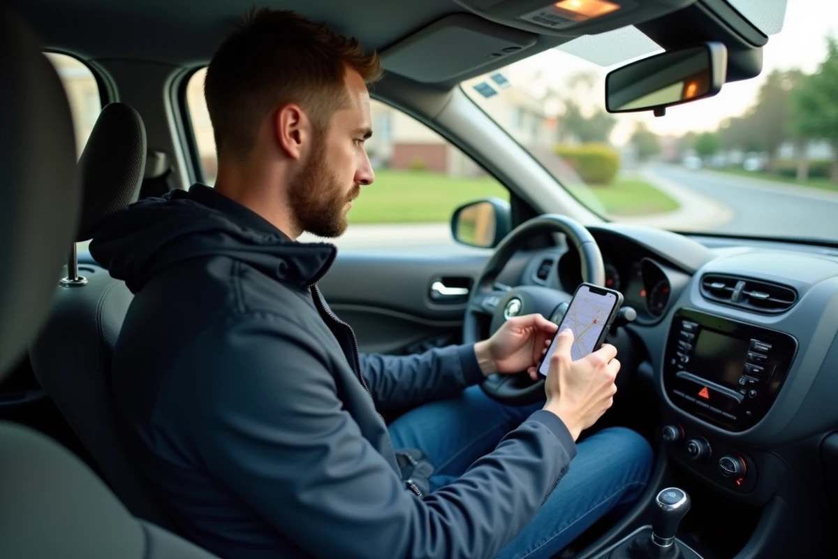 Homme en voiture compare deux applications de navigation