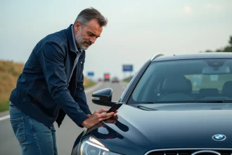 Homme d'âge moyen examine son smartphone près de sa voiture