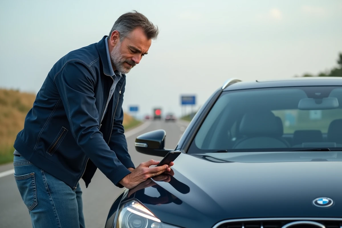 Homme d'âge moyen examine son smartphone près de sa voiture