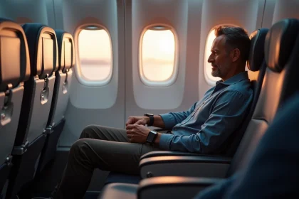 Homme d'âge moyen en voyage regardant sa montre dans un avion