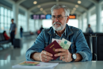Homme d'âge moyen avec passeport et billets à l'aéroport