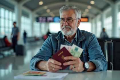 Homme d'âge moyen avec passeport et billets à l'aéroport