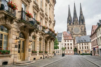 Façade d'un hôtel 5 étoiles à Strasbourg avec la cathédrale Notre-Dame en arrière-plan, architecture alsacienne en pierre et balcons en fer forgé
