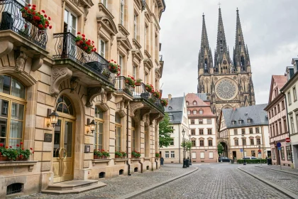 Façade d'un hôtel 5 étoiles à Strasbourg avec la cathédrale Notre-Dame en arrière-plan, architecture alsacienne en pierre et balcons en fer forgé