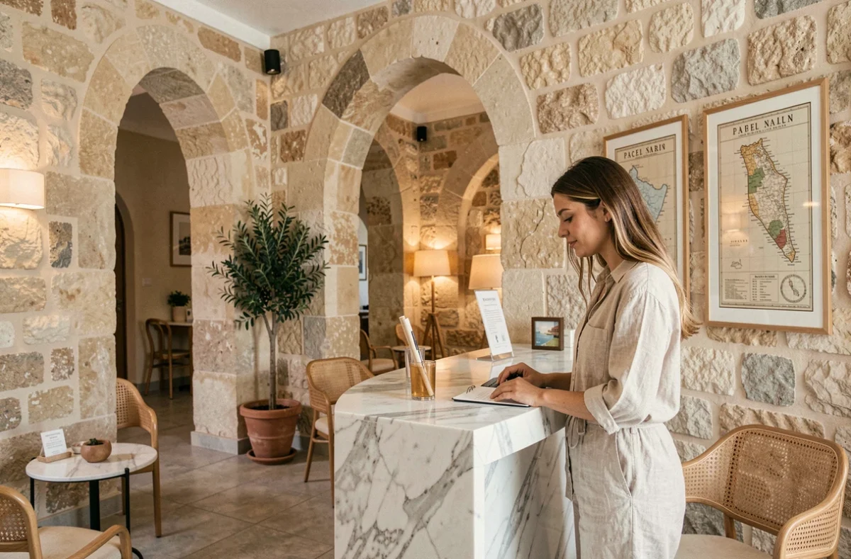 Hall d'accueil d'un boutique hôtel à Paceville Malte avec décoration méditerranéenne