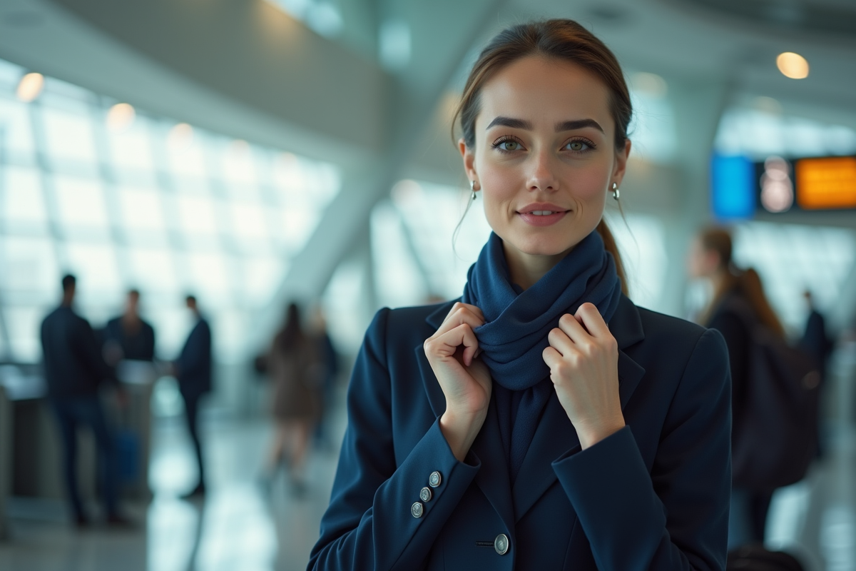 Hôtesse de l'air ajustant son foulard dans un terminal d'aéroport