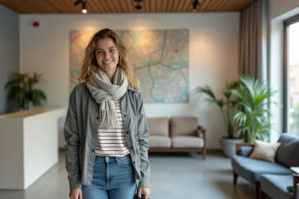 Jeune femme souriante dans le lobby d'un hôtel à Strasbourg