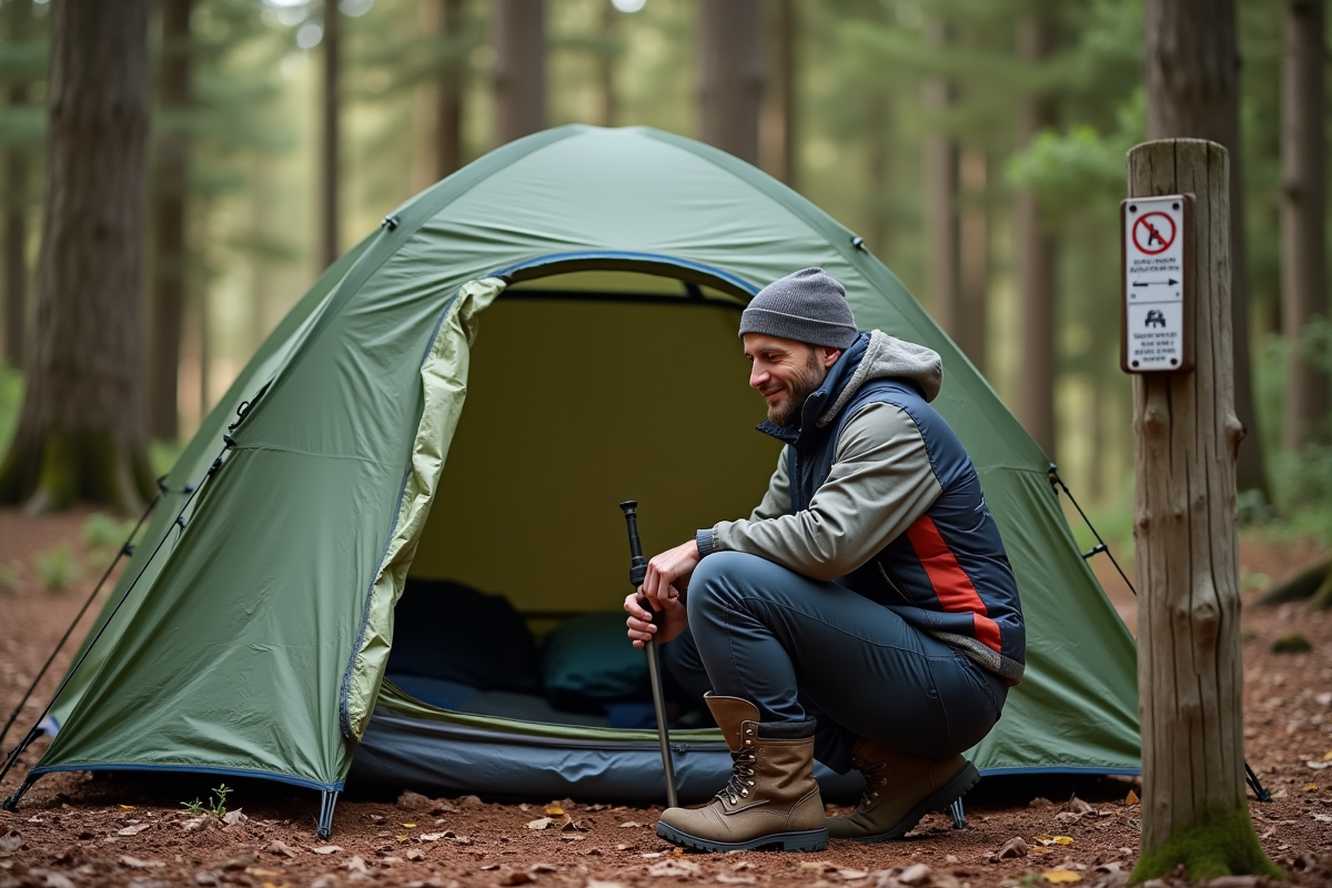 Homme installant une tente dans un camping forestier