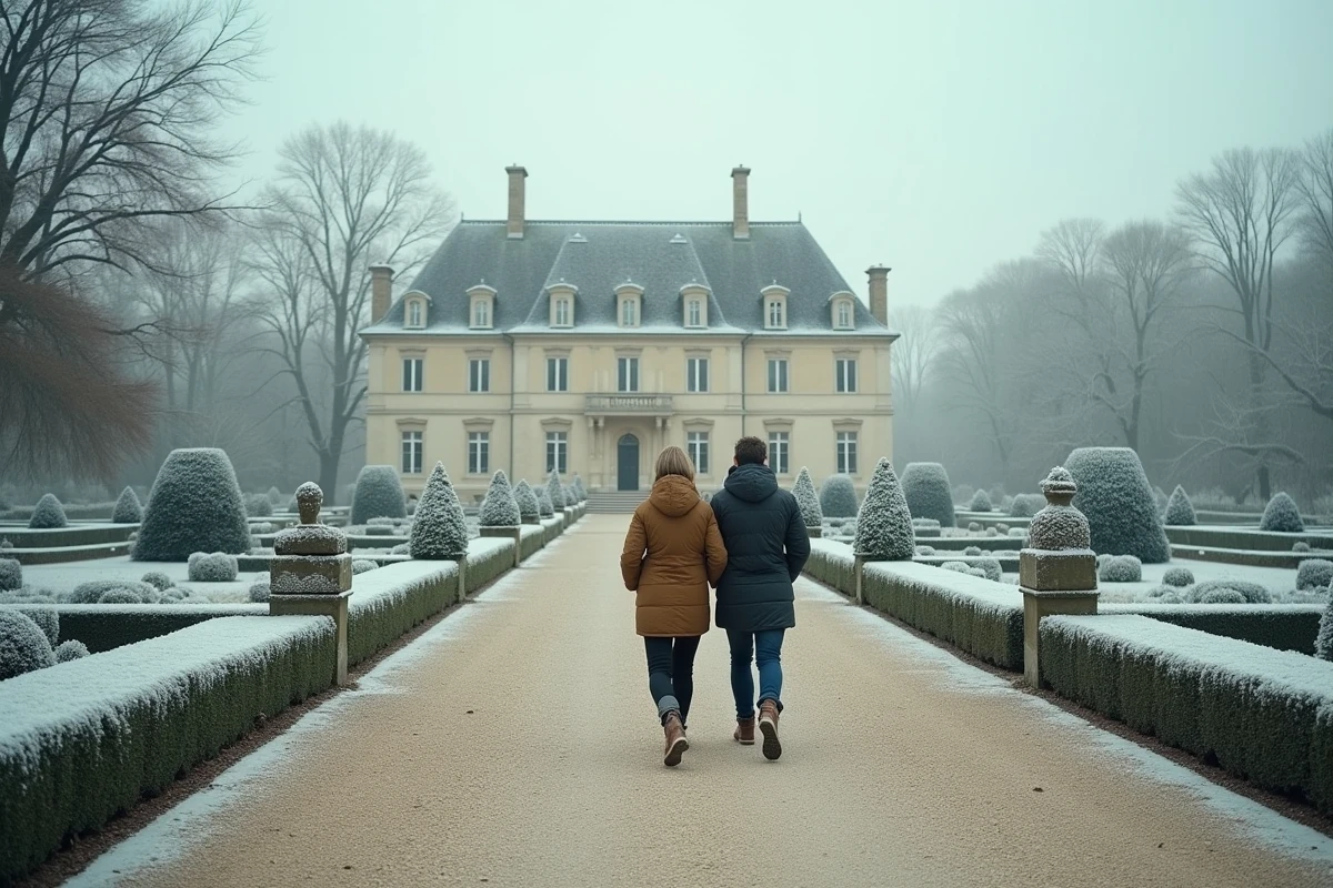 Couple explorant les jardins à la française gelés d'un château renaissance en hiver
