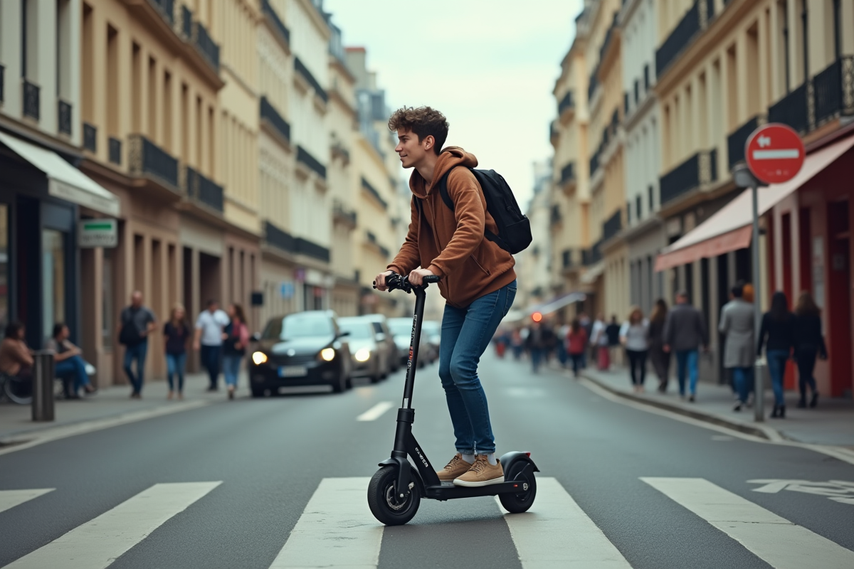 Jeune adulte roulant en scooter électrique en ville