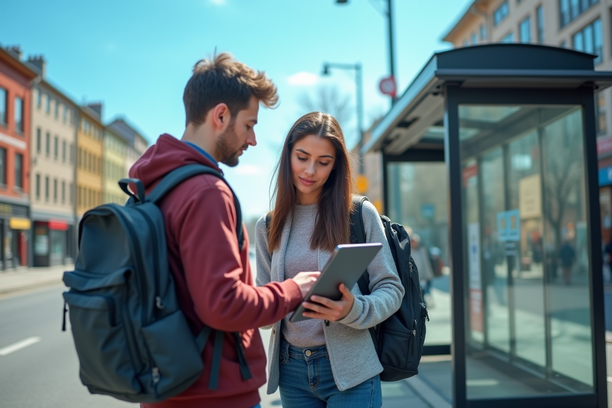 Jeune couple avec sacs à dos consultant une tablette devant un arrêt de bus moderne