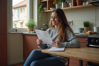 Jeune femme dans une cuisine française compare ses reçus