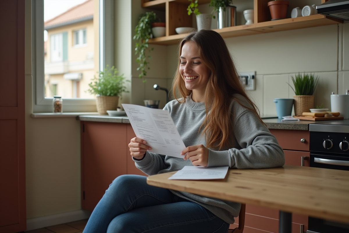 Jeune femme dans une cuisine française compare ses reçus