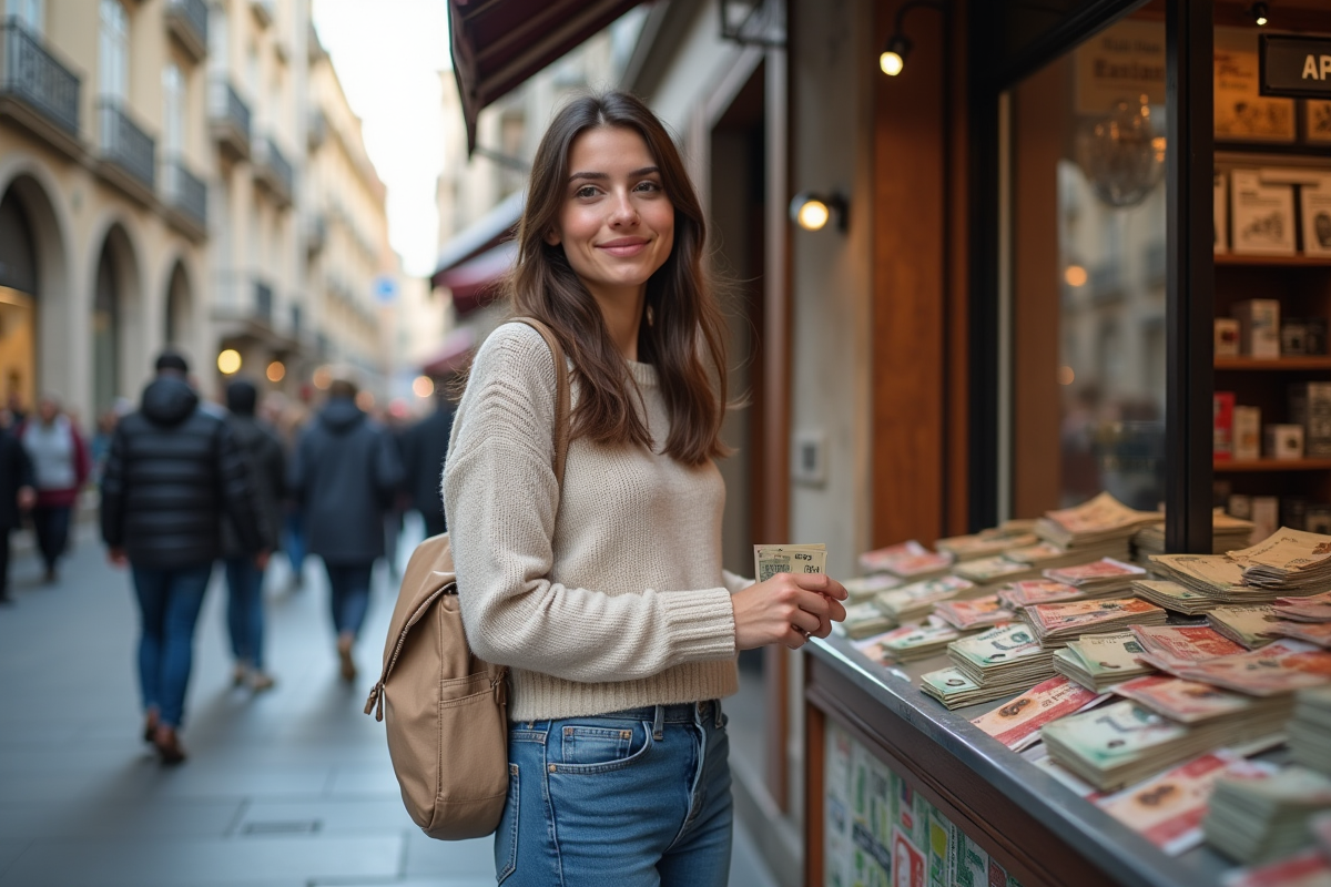 Jeune femme échangeant de la monnaie dans une rue animée