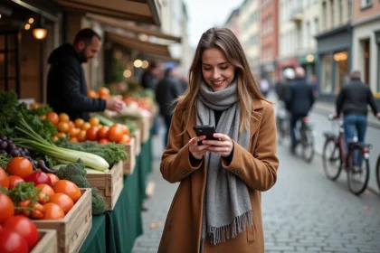 Jeune femme regardant son smartphone devant un march&eacute; &agrave; Berlin