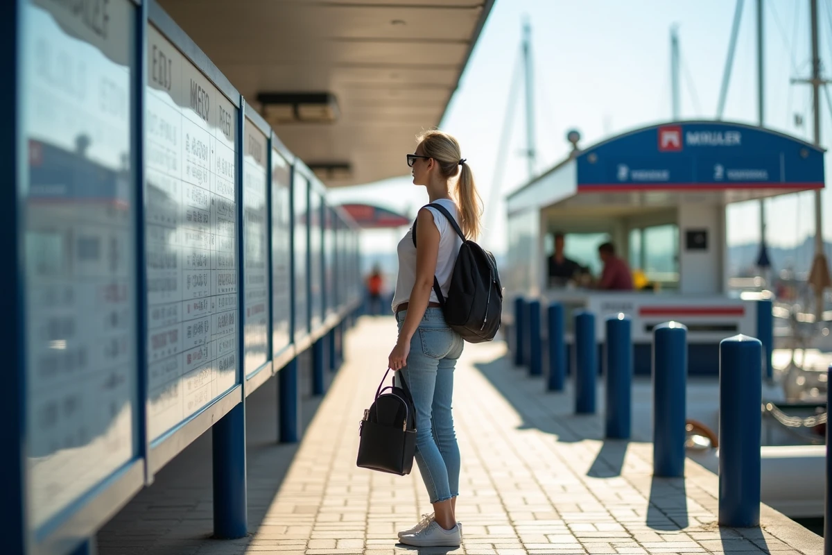 Jeune femme consultat le tableau des ferries au port de Hy&egrave;res