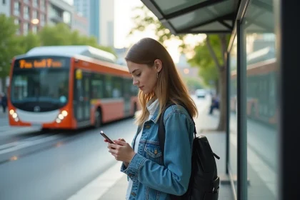 Jeune femme avec smartphone à un arrêt de bus urbain