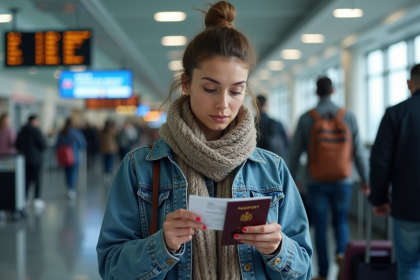 Jeune femme examine son carnet de vaccination à l'aéroport