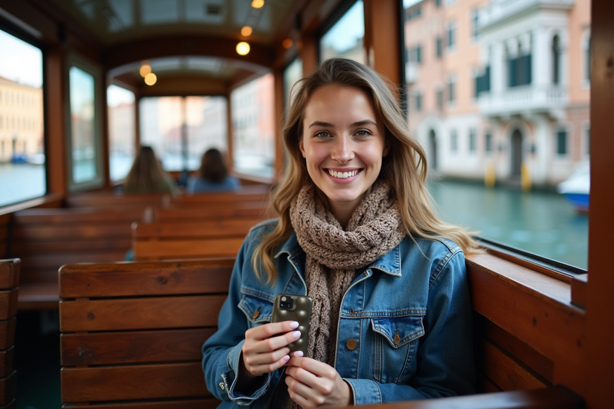 Jeune femme souriante sur un bateau vaporetto à Venise