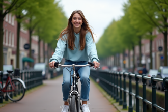 Jeune femme à vélo dans les canaux d'Amsterdam