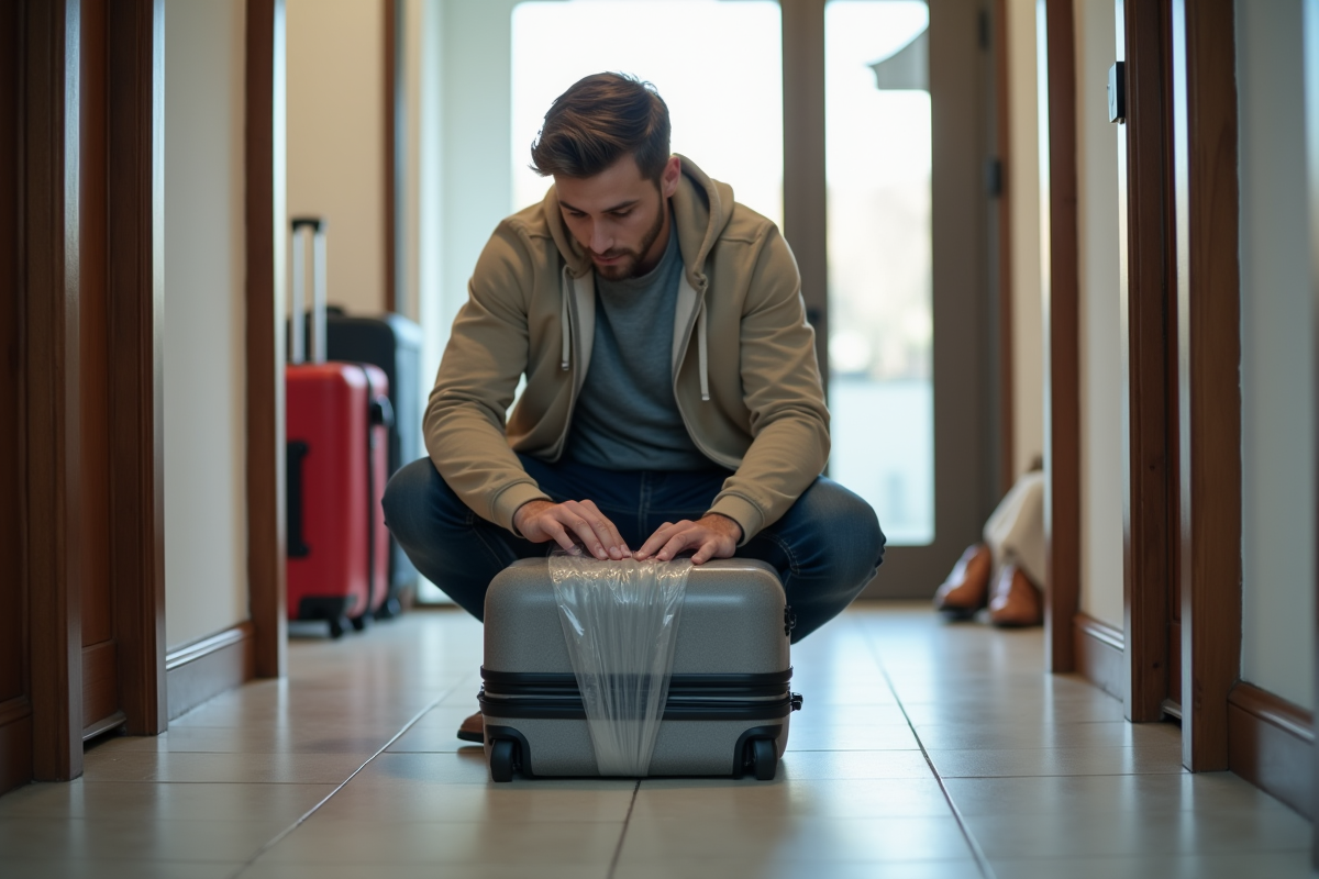 Jeune homme emballant sa valise avec film plastique à la maison