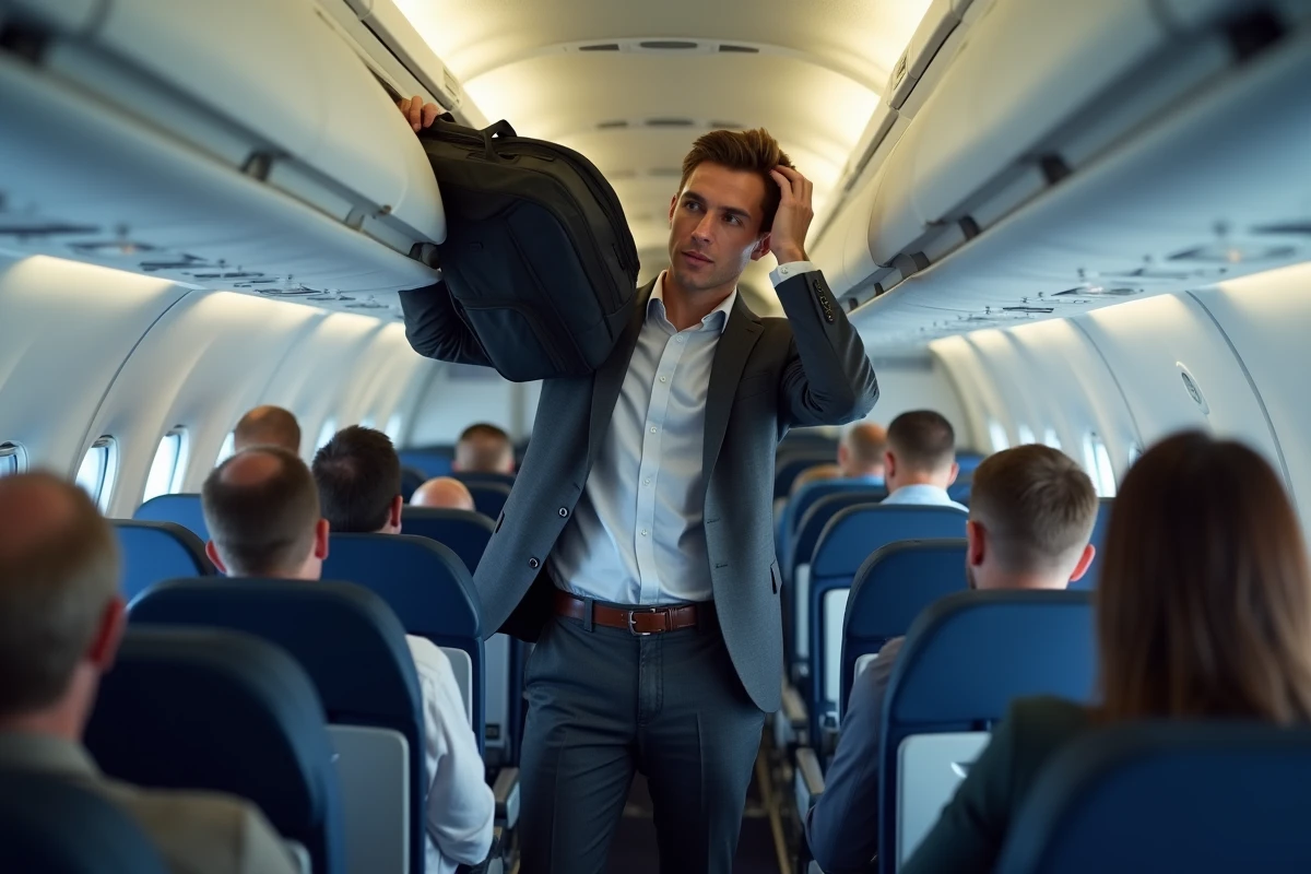 Jeune homme rangeant son sac cabine dans un avion