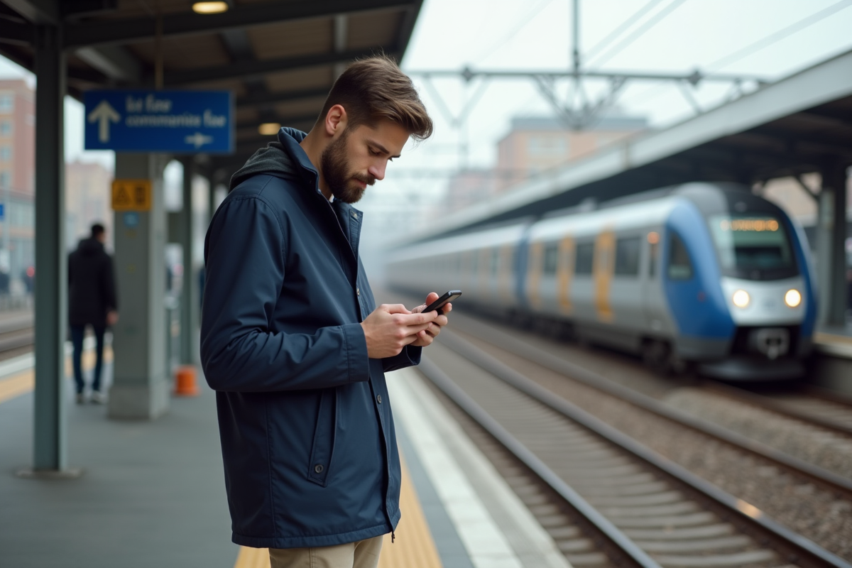 Jeune homme vérifie son smartphone pour le tarif de transport