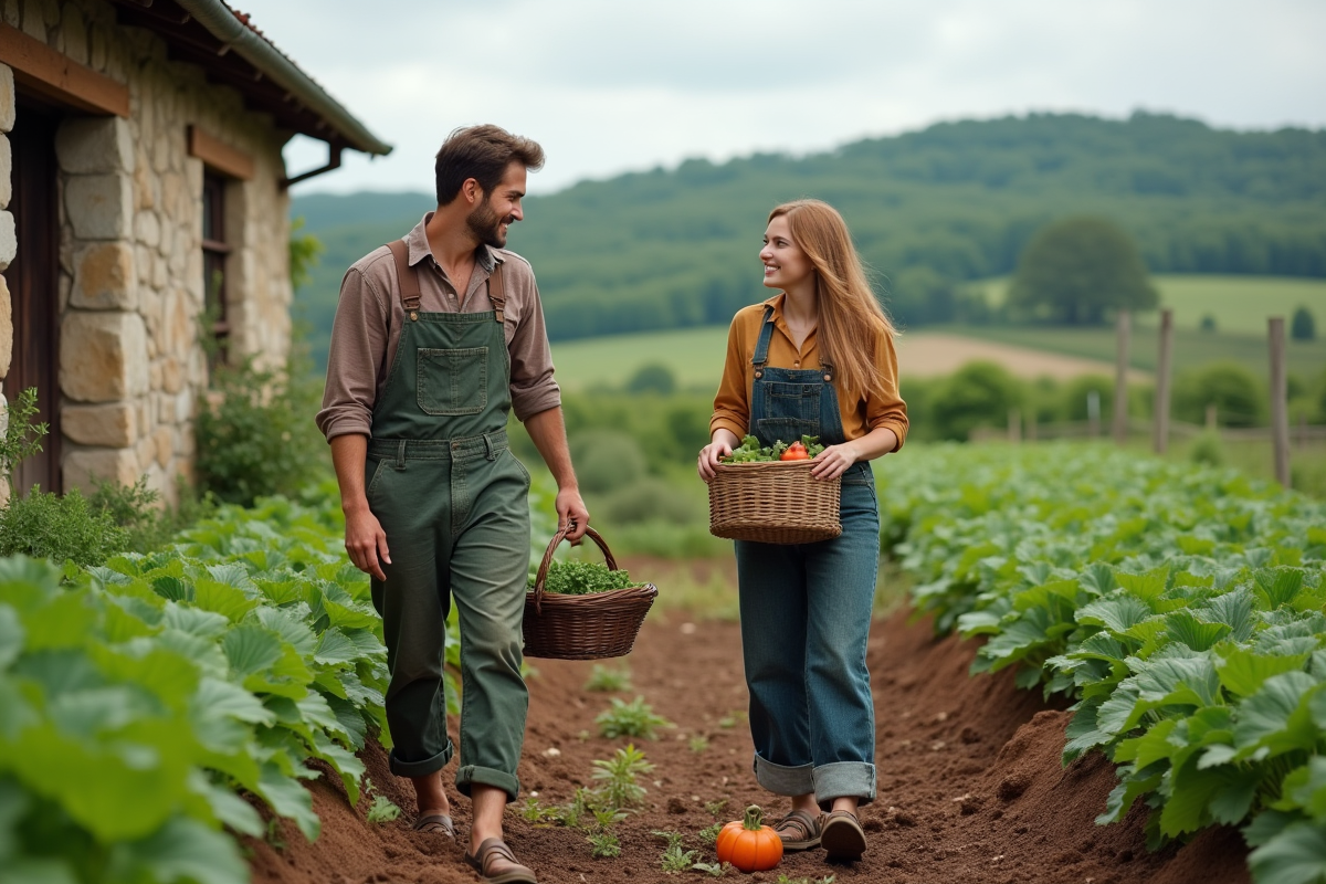 Jeunes adultes récoltant des légumes dans un jardin rural verdoyant