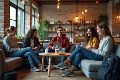 Groupe de jeunes adultes dans un salon de hostel convivial