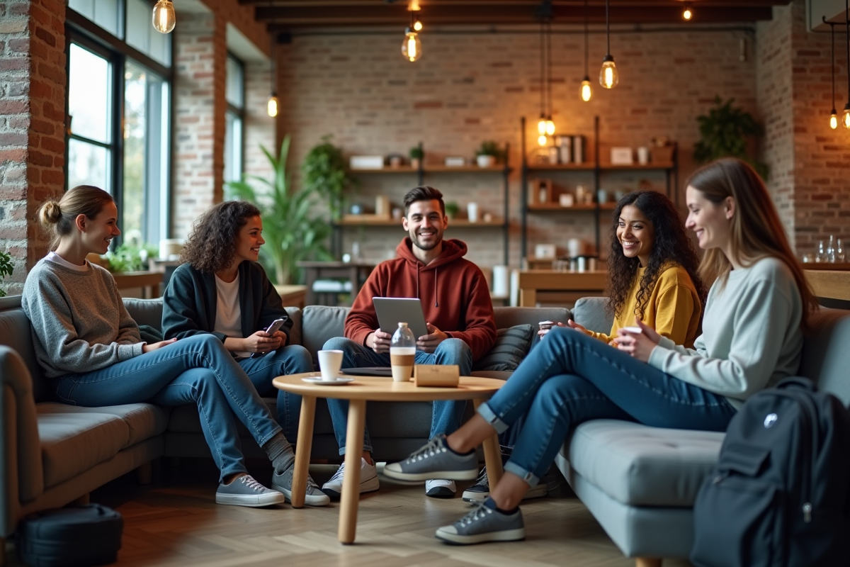 Groupe de jeunes adultes dans un salon de hostel convivial