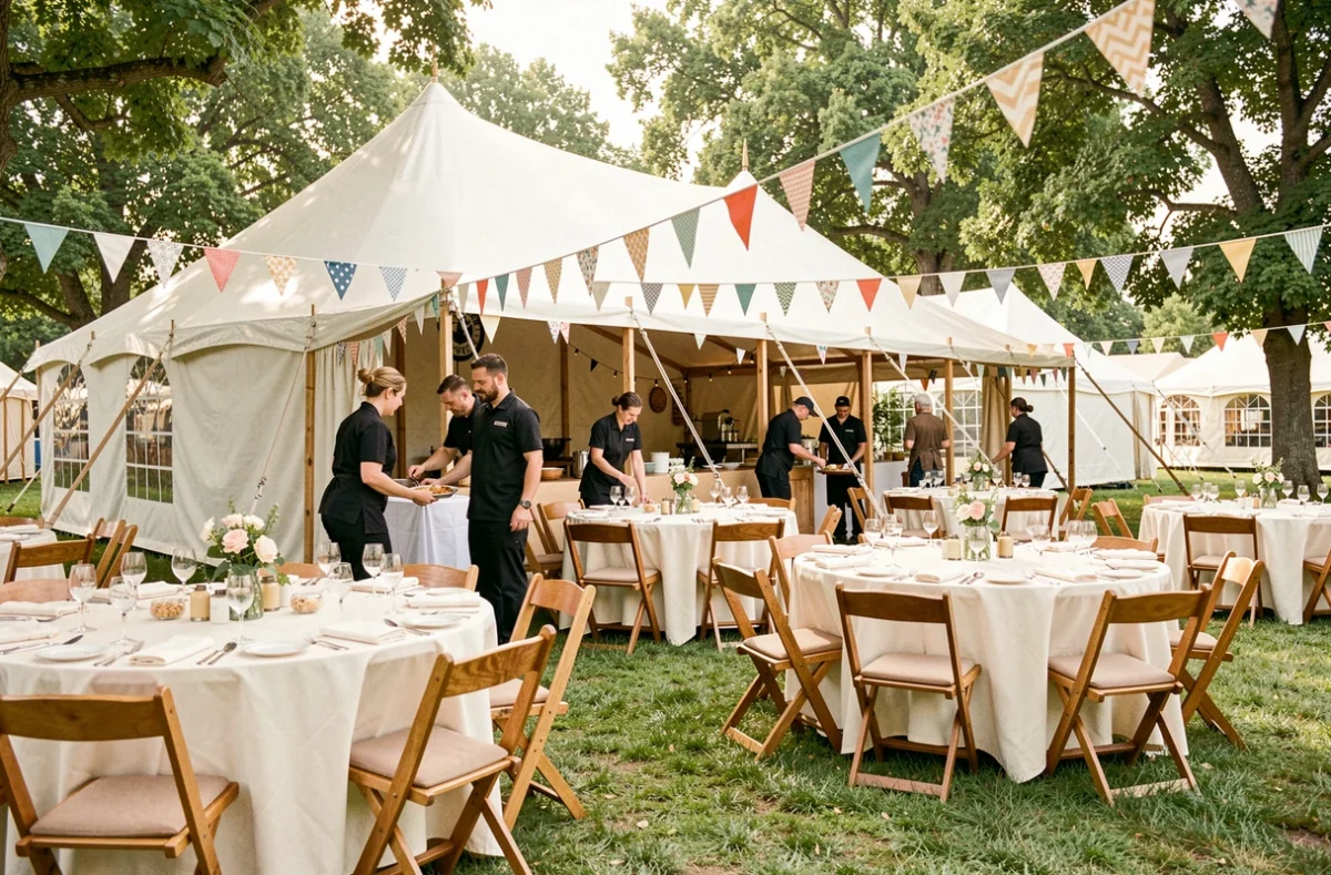 Espace événementiel en plein air avec chapiteaux blancs et tables dressées géré par KS Événements près de Paris