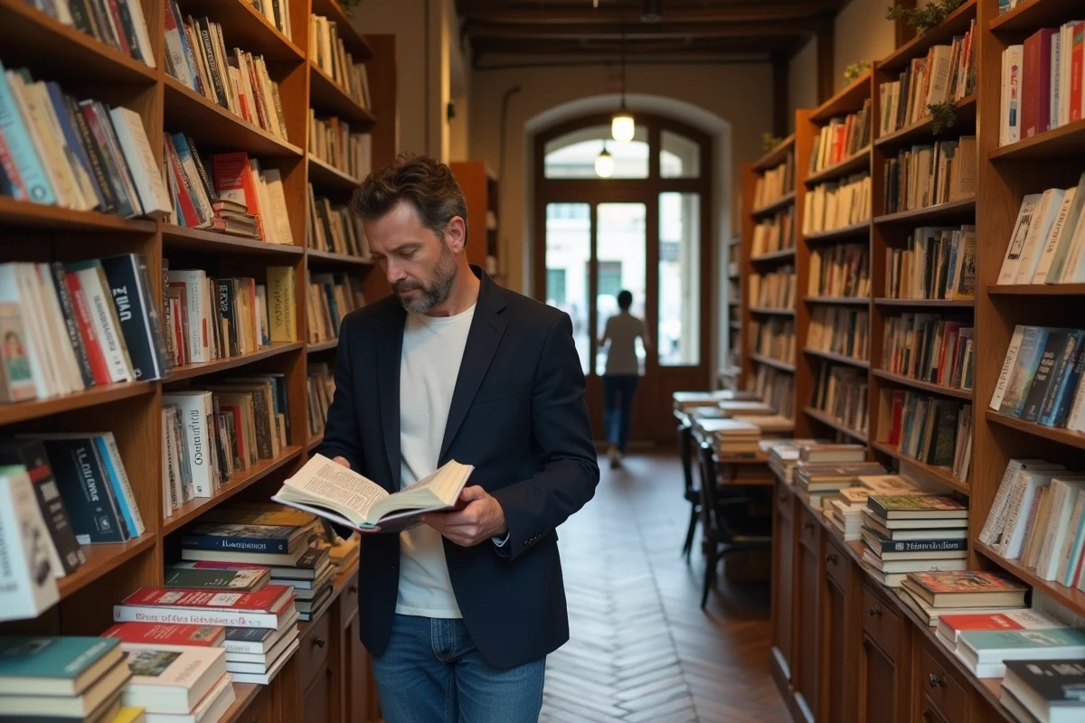 Homme feuilletant un livre dans une librairie indépendante proche de la gare Part-Dieu à Lyon