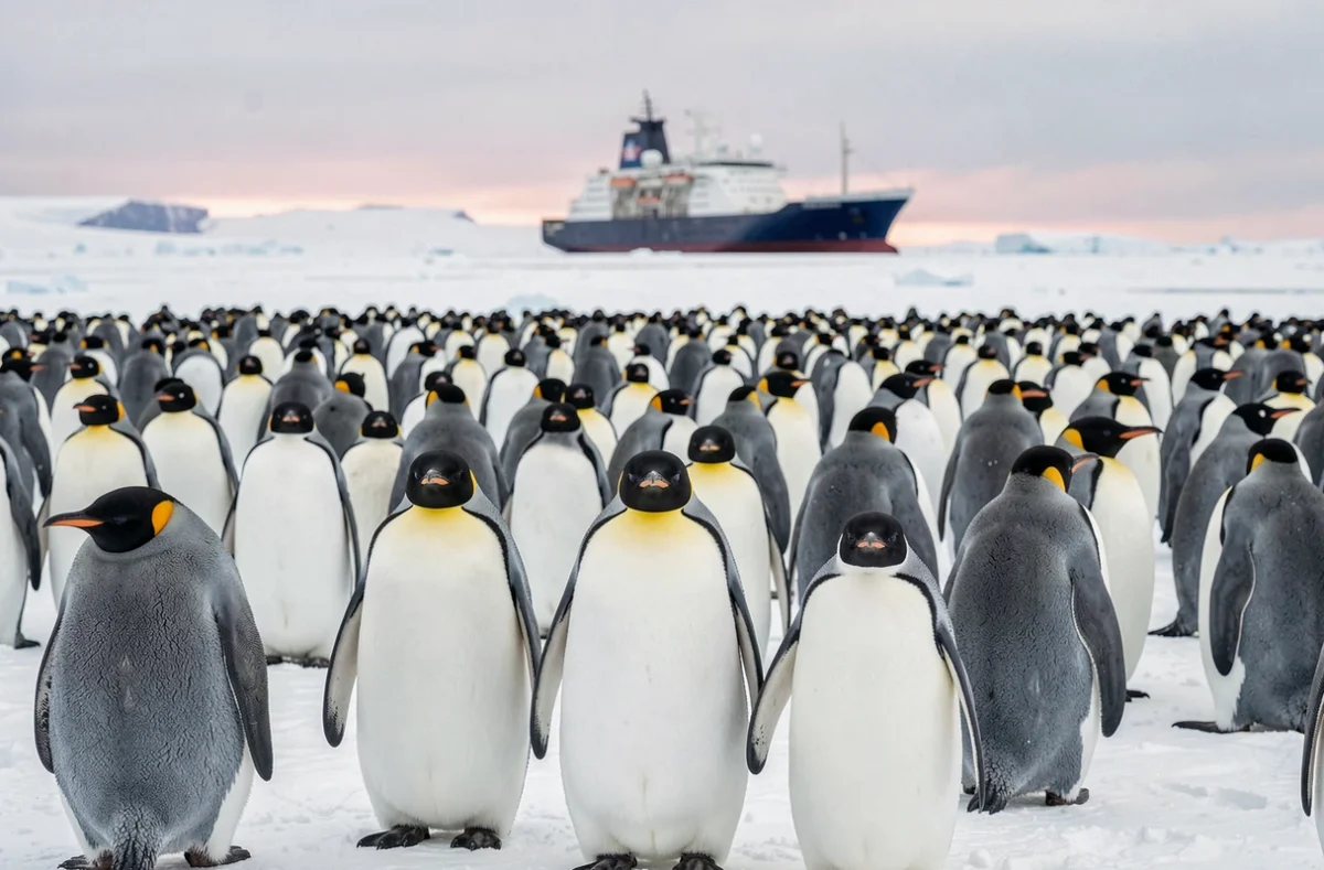 Colonie de manchots empereurs sur la banquise en Antarctique avec le navire Ponant à l'horizon