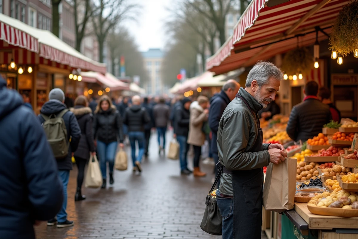 Marché Albert Cuypmarkt dans le quartier De Pijp d'Amsterdam avec étals de fromages hollandais et tulipes sous des tentes rayées