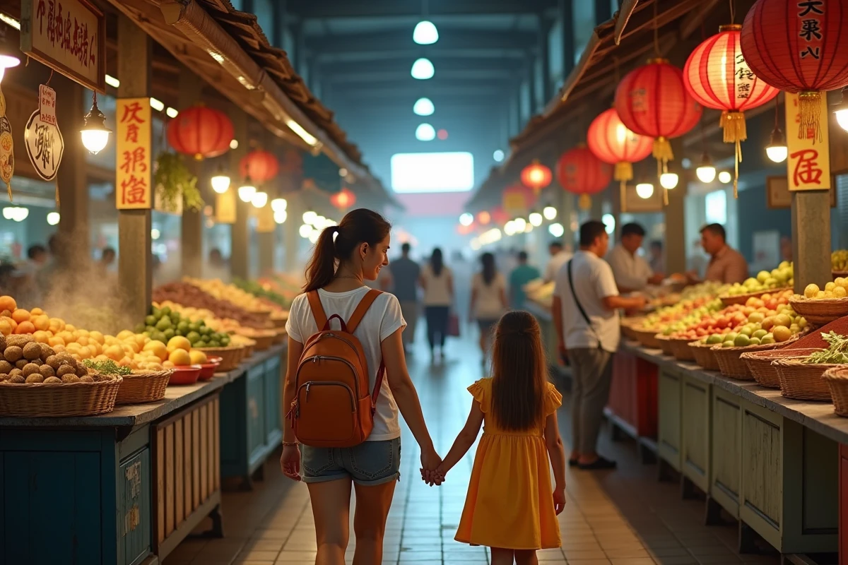 Mère et fille explorant un marché alimentaire coloré à Kuala Lumpur en Malaisie