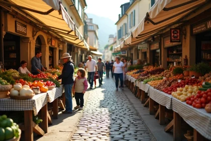 Marché de Fort Mahon : étals colorés de fruits, légumes et produits locaux dans une ambiance de marché côtier animé