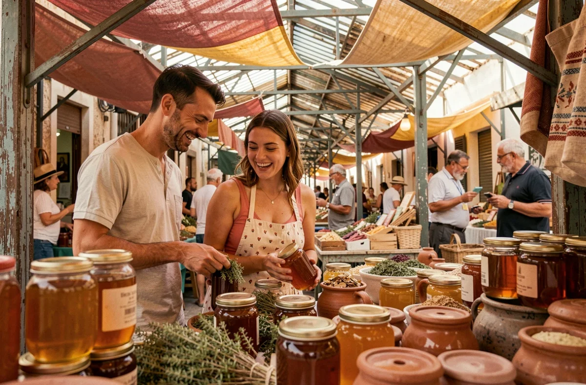 Deux voyageurs découvrant le marché local authentique d'Héraklion rue 1866, achetant du miel crétois et des produits artisanaux