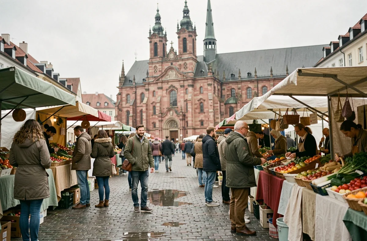 Marché du matin sur la Marktplatz de Heidelberg avec l'église du Saint-Esprit en arrière-plan et des habitants locaux en 2026