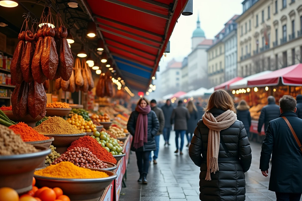 Marché en plein air du Naschmarkt à Vienne avec étals de fruits épices et fromages le samedi matin