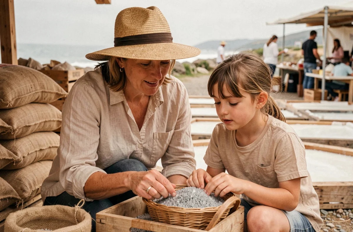 Mère et fille découvrant le sel de Guérande au marché artisanal, panier de gros sel gris en premier plan